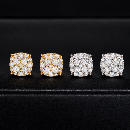 10mm moissanite cluster studs in Gold and Silver, front view on black background
