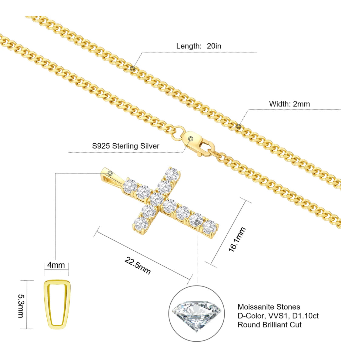 S925 Moissanite Cross Necklace