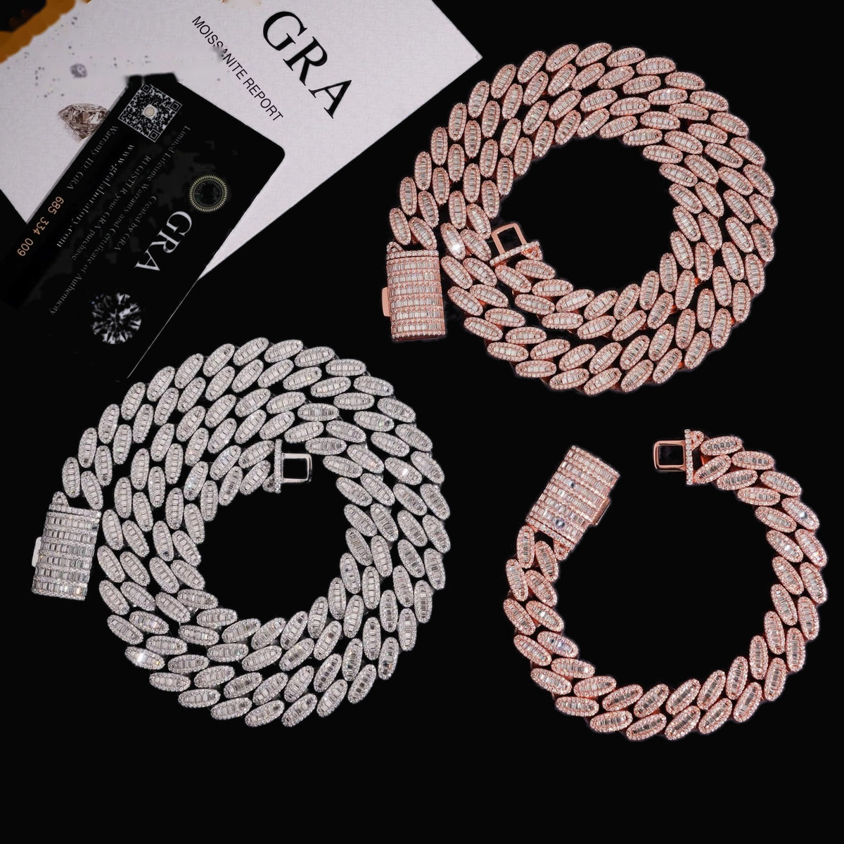 Baguette 15mm moissanite Cuban link chain reverse-side clasp detail in silver and rose gold