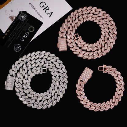 Baguette 15mm moissanite Cuban link chain reverse-side clasp detail in silver and rose gold