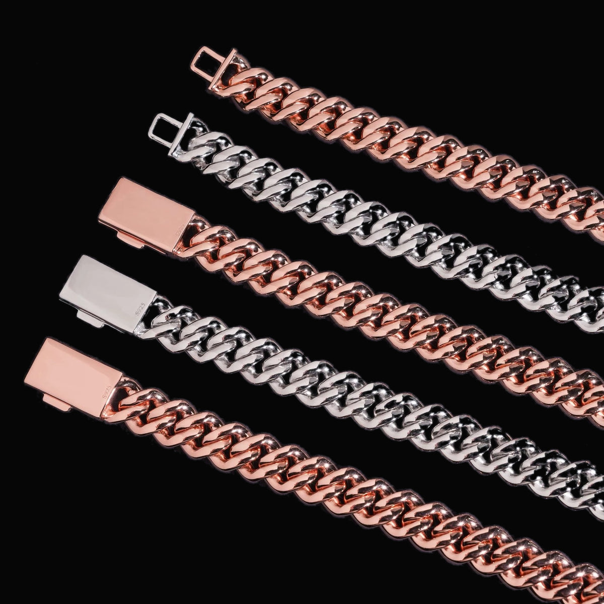 Back and clasp detail of silver and rose gold 15mm Cuban link bracelets