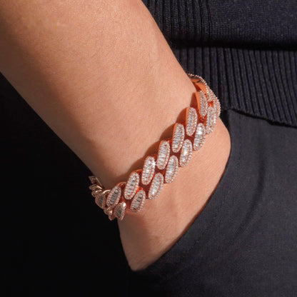 Rose gold baguette 15mm moissanite Cuban link bracelet worn on wrist