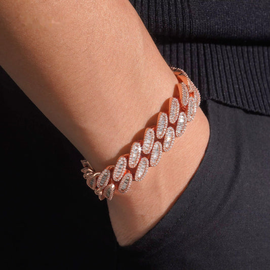 Rose gold baguette 15mm moissanite Cuban link bracelet worn on wrist