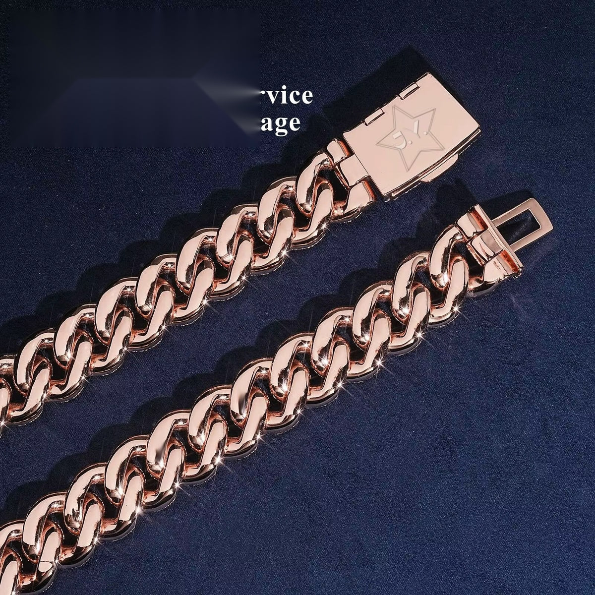 Baguette 21mm moissanite Cuban link chain in Rose Gold showing polished back and clasp