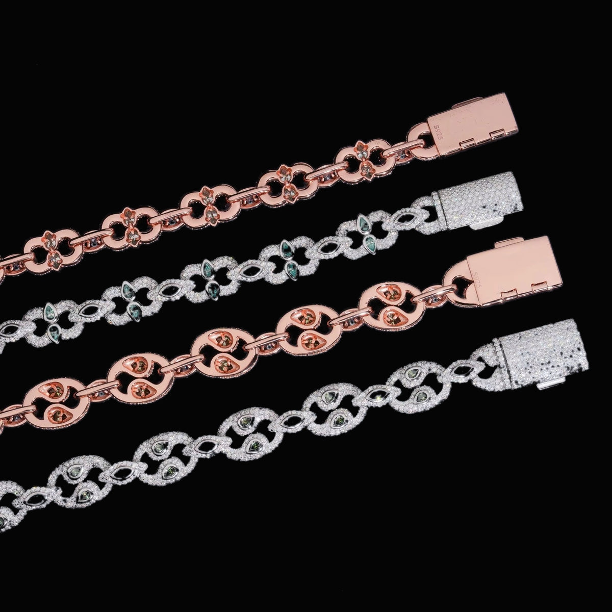 Back detail of Bezel-Set Moissanite Cuban Link Bracelets in silver and rose gold
