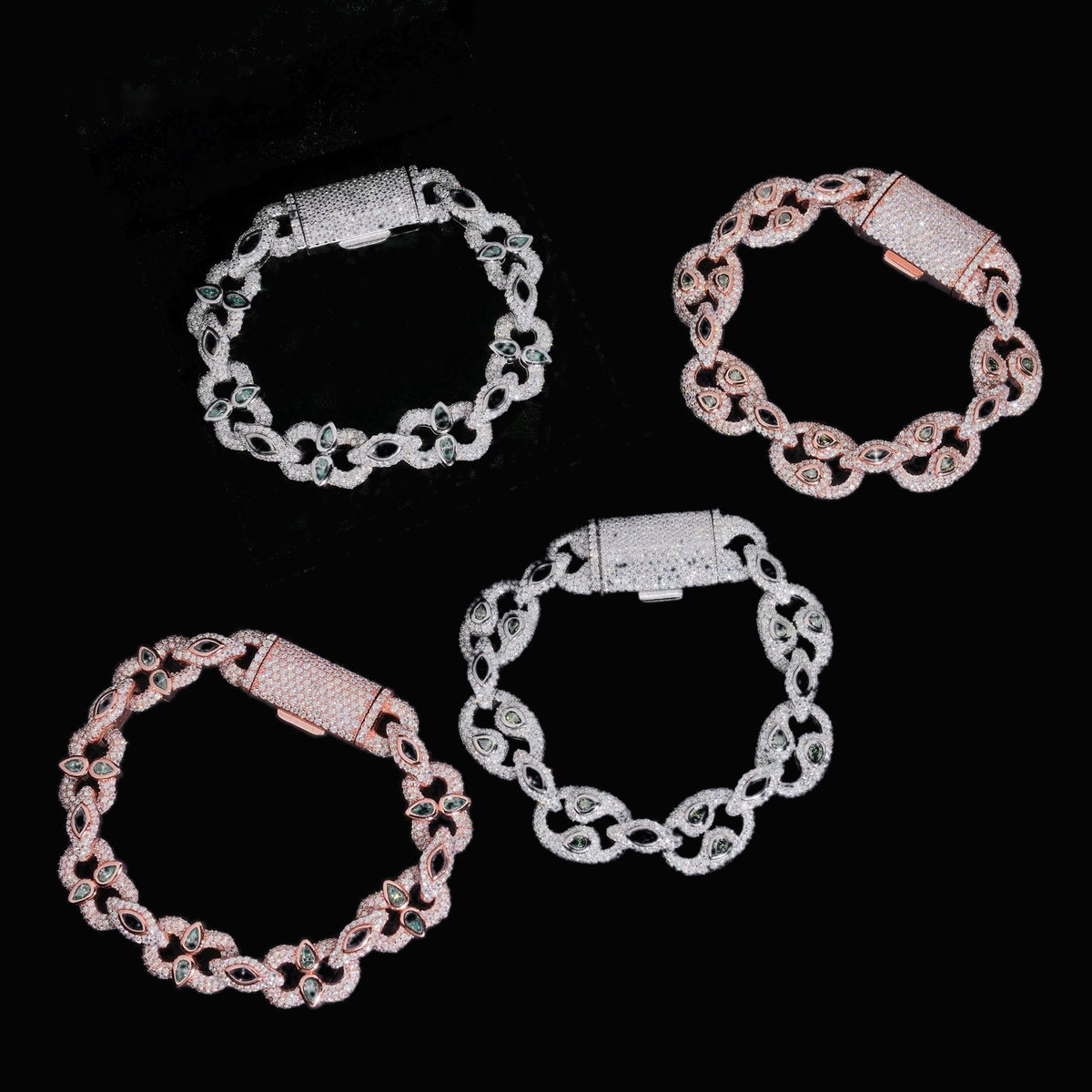 Bezel-Set Moissanite Cuban Link Bracelets in silver and rose gold displayed on black