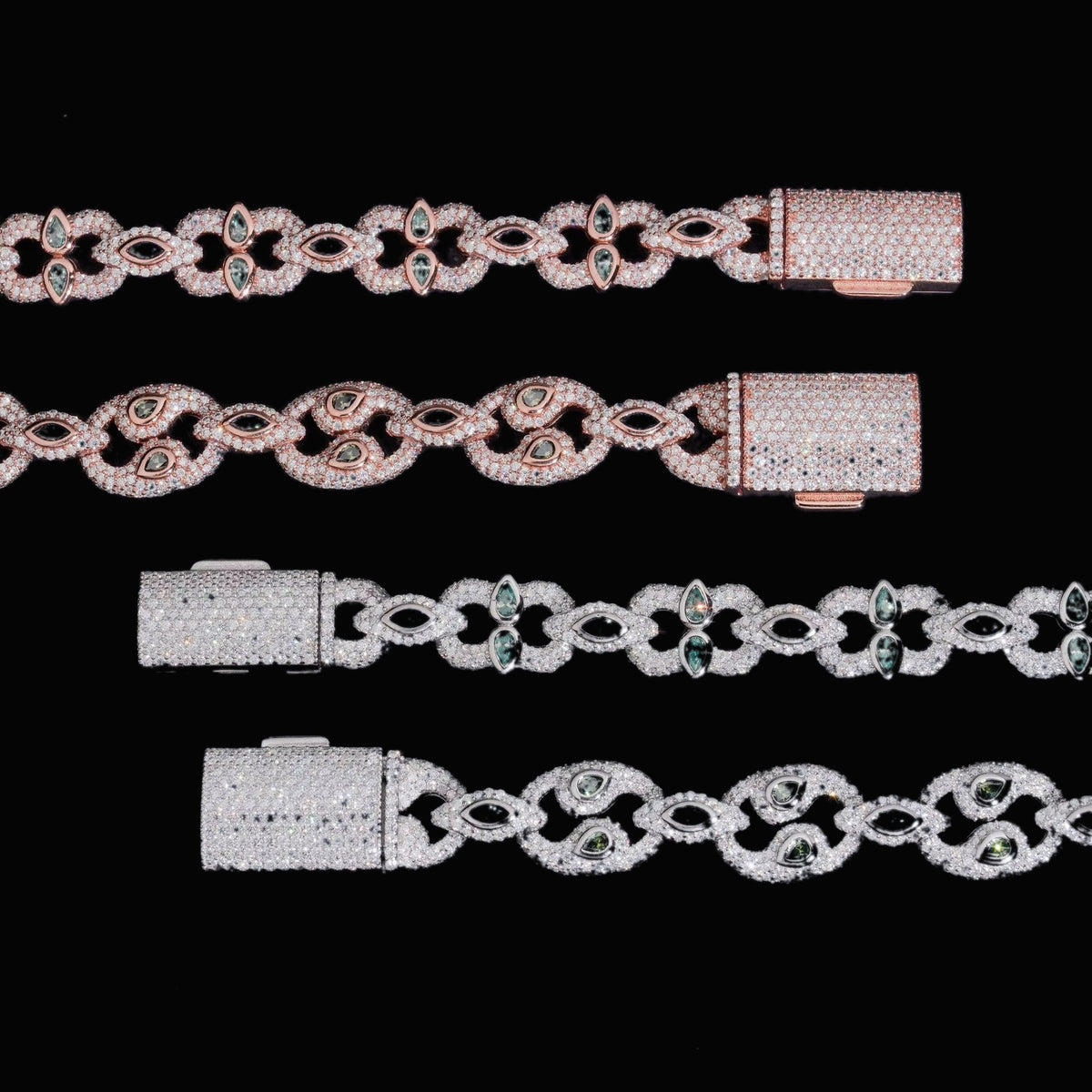 Bezel-Set Moissanite Cuban Link Bracelet row and clasp detail in silver and rose gold