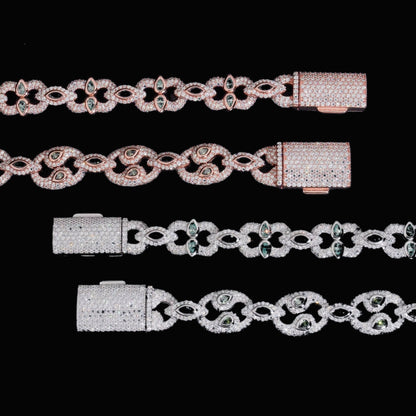 Bezel-Set Moissanite Cuban Link Bracelet row and clasp detail in silver and rose gold