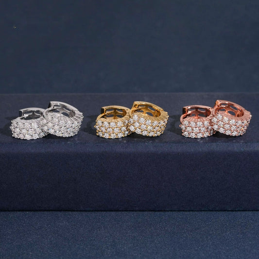 Iced moissanite hoop earrings in silver, gold, and rose gold finishes