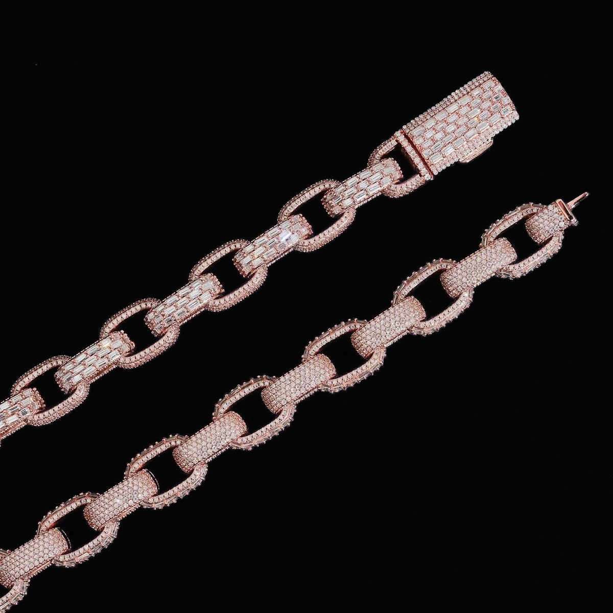 Close-up detail of the Infinity 13mm moissanite Cuban link bracelet in rose gold on black