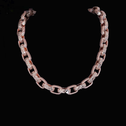 Infinity 13mm moissanite Cuban link chain in rose gold displayed on black