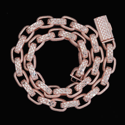 Infinity 13mm moissanite Cuban link chain in rose gold coiled on black