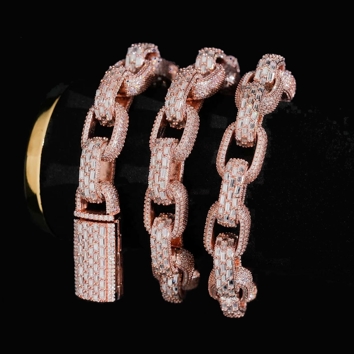 Infinity 13mm moissanite Cuban link chain baguette link detail on black