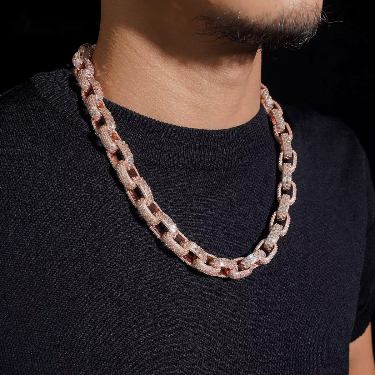 Infinity 13mm moissanite Cuban link chain in rose gold worn on neck