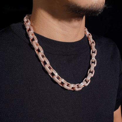 Infinity 13mm moissanite Cuban link chain in rose gold worn on neck