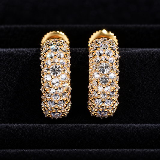 Inverted-set moissanite hoop earrings in gold finish, front view