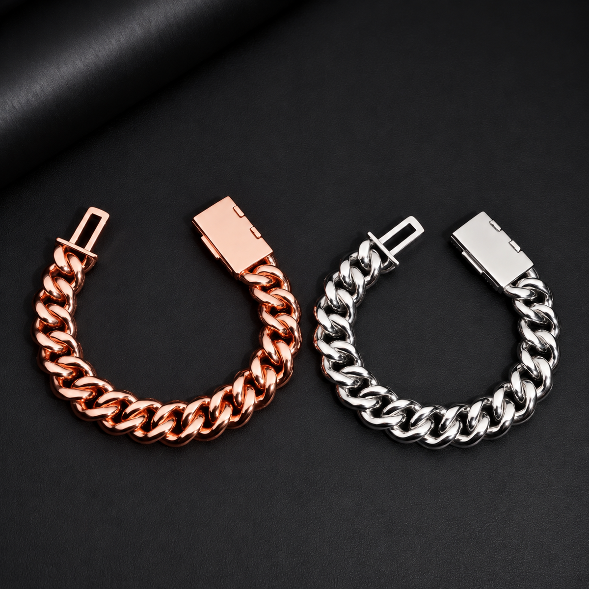 Mosaic 14mm Cuban link bracelets in Silver and Rose Gold showing polished back and clasp
