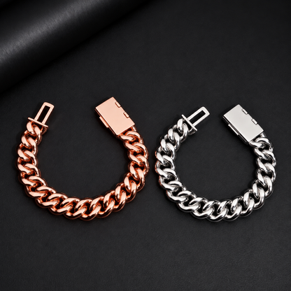 Mosaic 14mm Cuban link bracelets in Silver and Rose Gold showing polished back and clasp