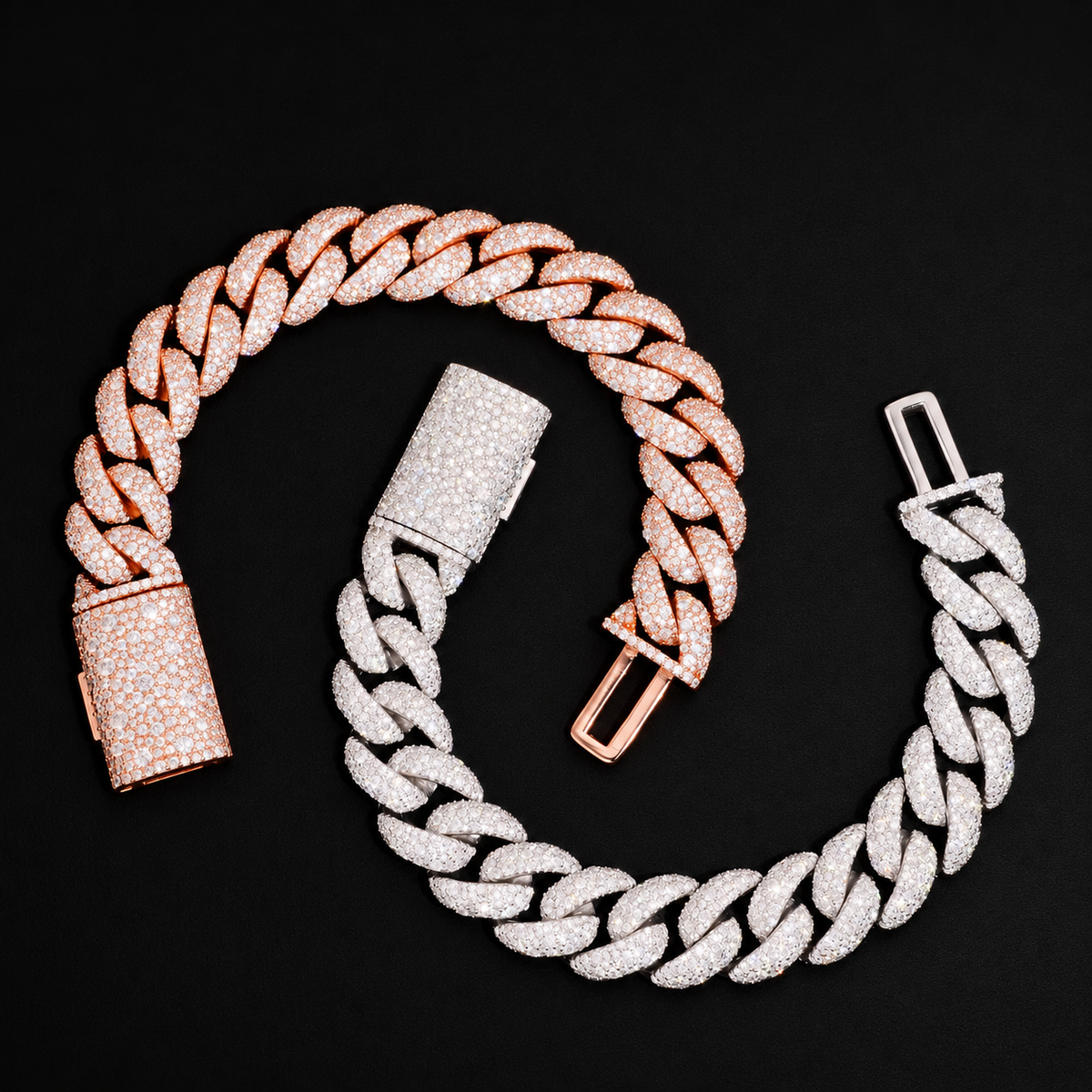 Mosaic 14mm moissanite Cuban link bracelets in Silver and Rose Gold on a black background