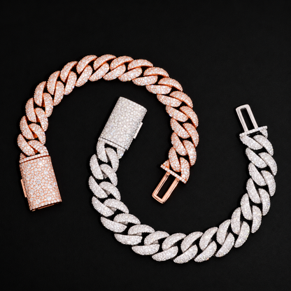 Mosaic 14mm moissanite Cuban link bracelets in Silver and Rose Gold on a black background