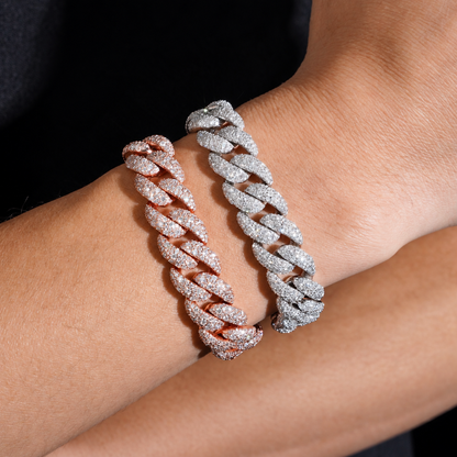 Mosaic 14mm moissanite Cuban link bracelets in Silver and Rose Gold worn on wrist