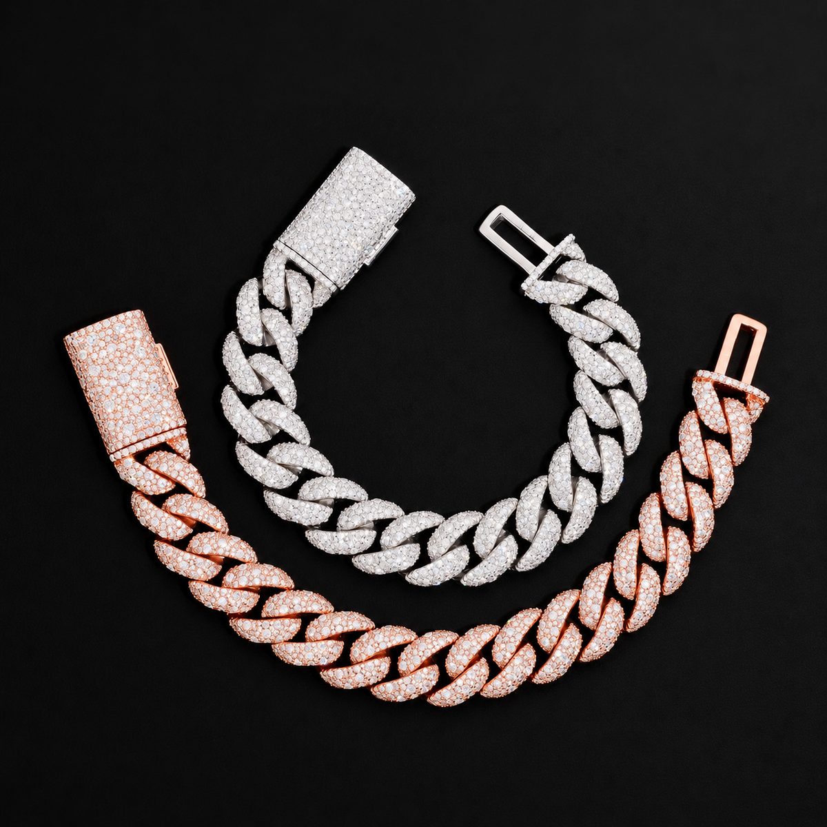 Mosaic 14mm moissanite Cuban link bracelets in Silver and Rose Gold with clasps open on black background