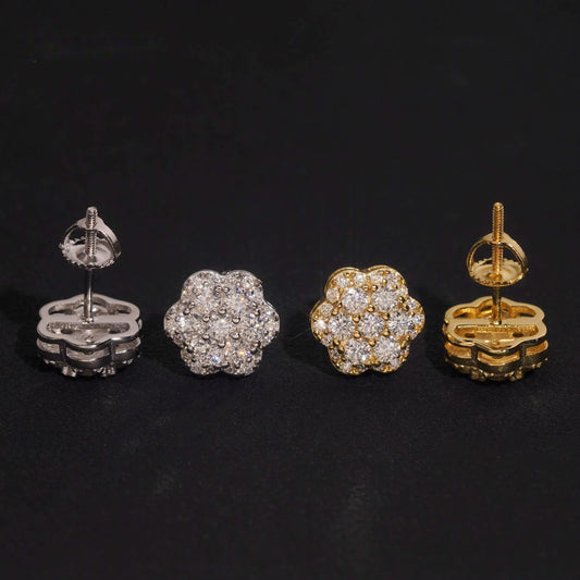 9.2mm Nova Cluster moissanite stud earrings in Silver and Gold, front and screw-back views