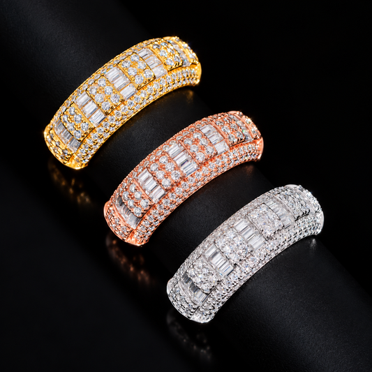 Baguette pavé moissanite band rings in silver, gold, and rose gold finishes