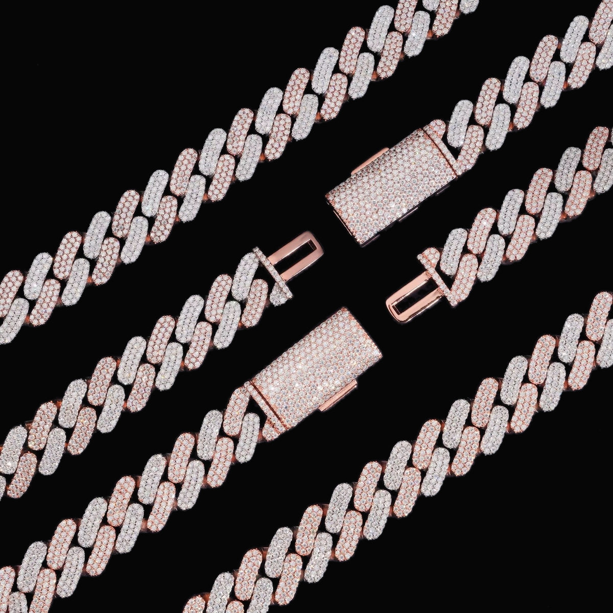 Tri-row 16mm moissanite Cuban link chain in two-tone finish with clasp detail on black