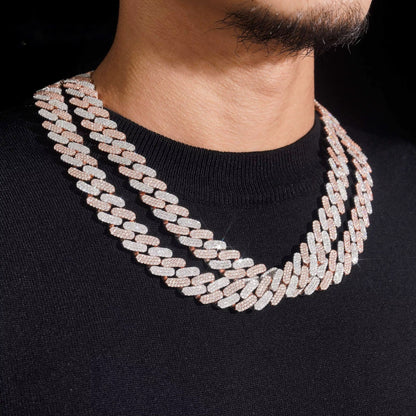Tri-row 16mm moissanite Cuban link chain in two-tone finish worn on neck