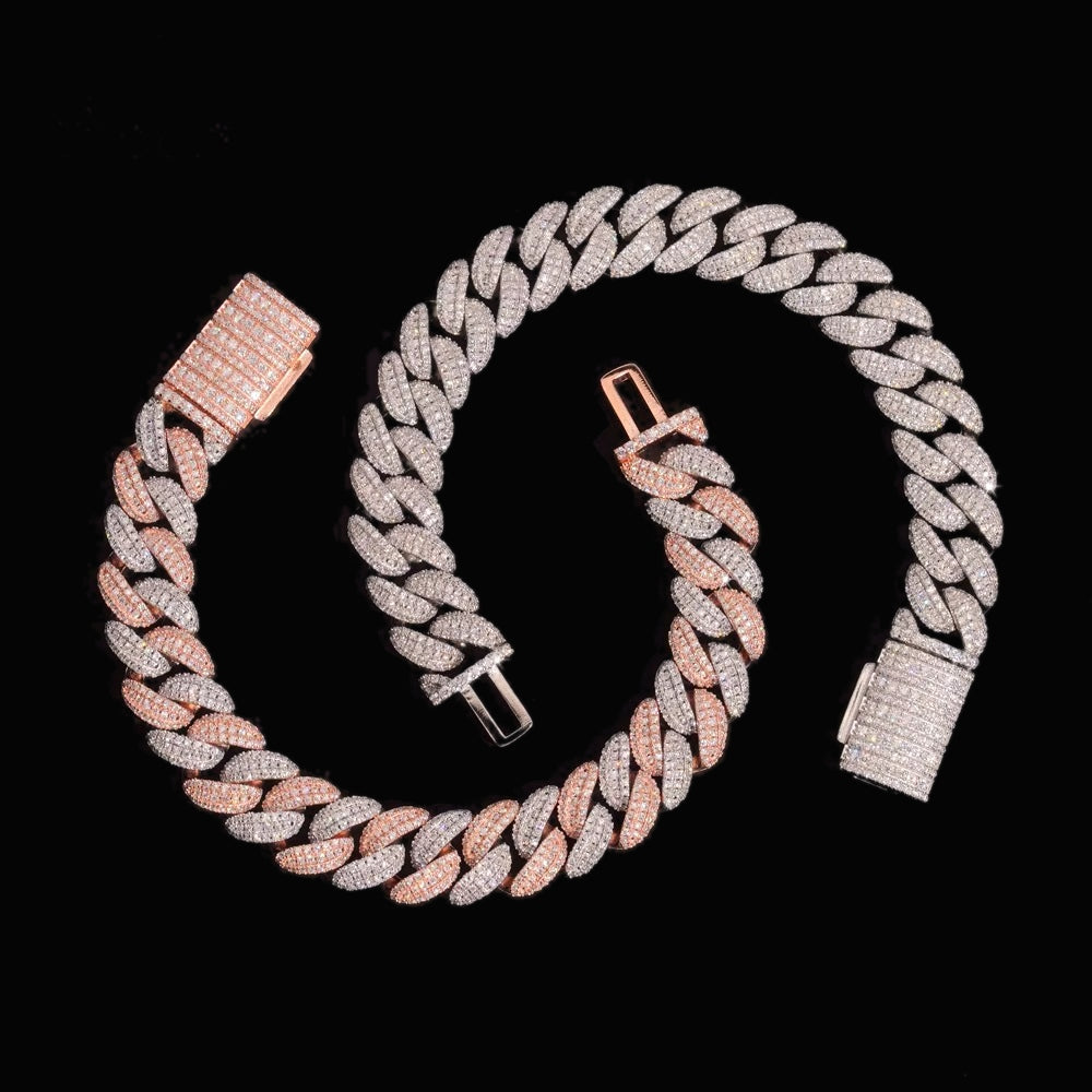Two-tone 13mm moissanite Cuban link bracelet on a black background